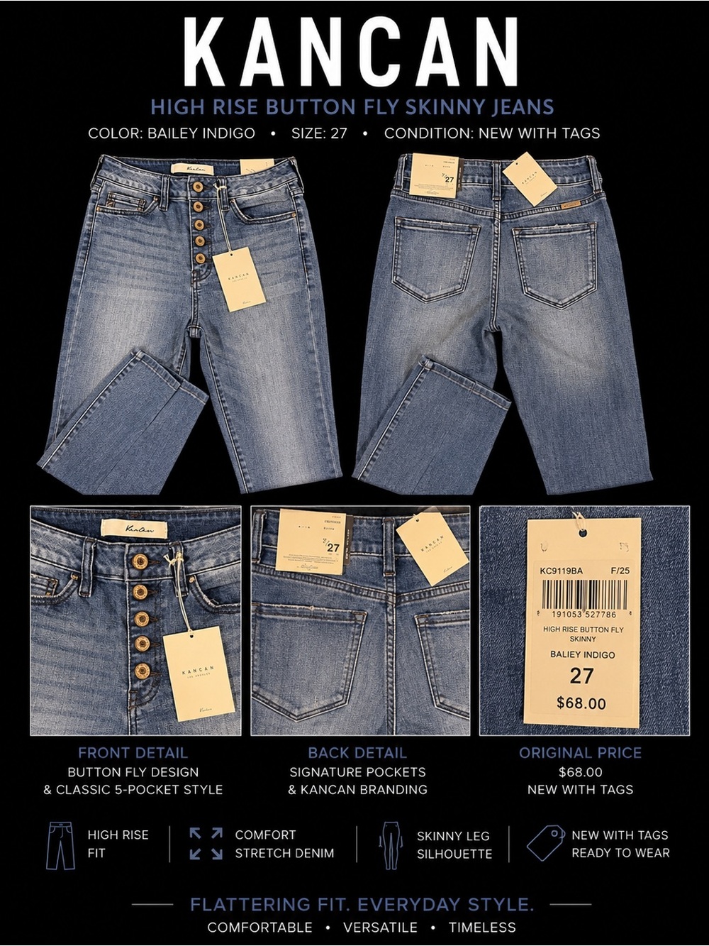 KanCan Bailey Indigo High-Rise Button Fly Skinny Jeans